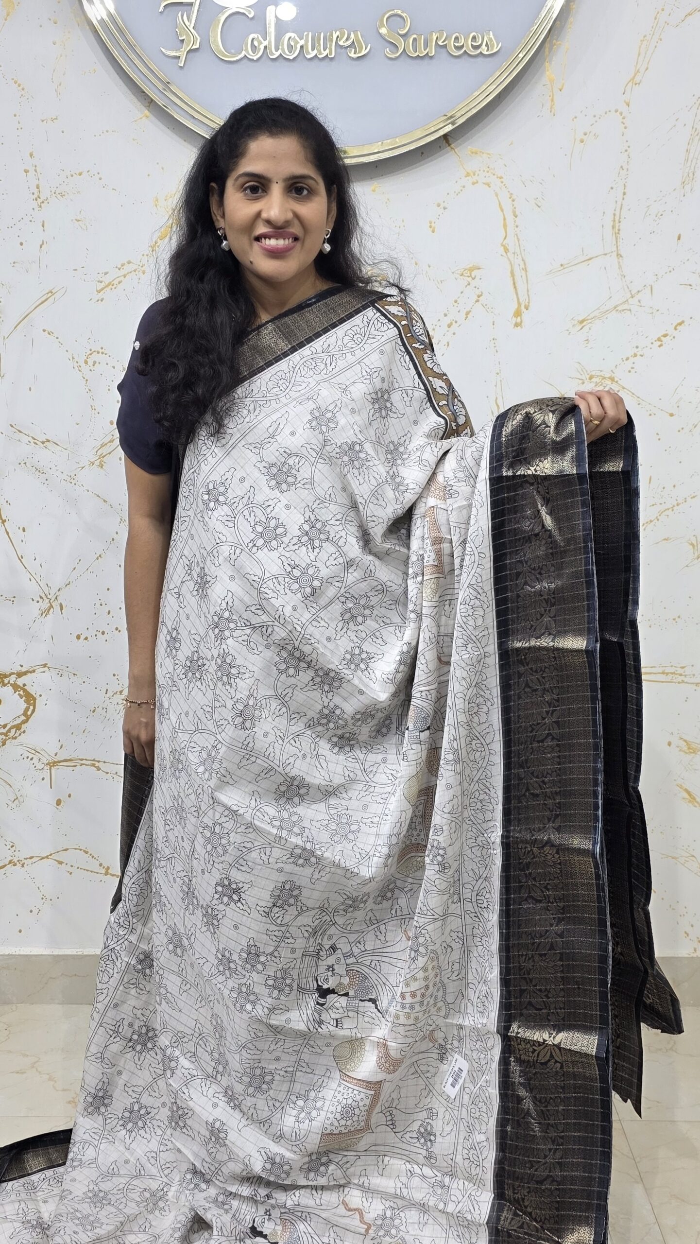 Classic White Soft Silk Saree with Black Zari Border & Intricate Traditional Print - Image 2