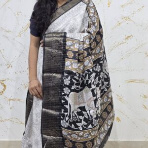 Classic White Soft Silk Saree with Black Zari Border & Intricate Traditional Print