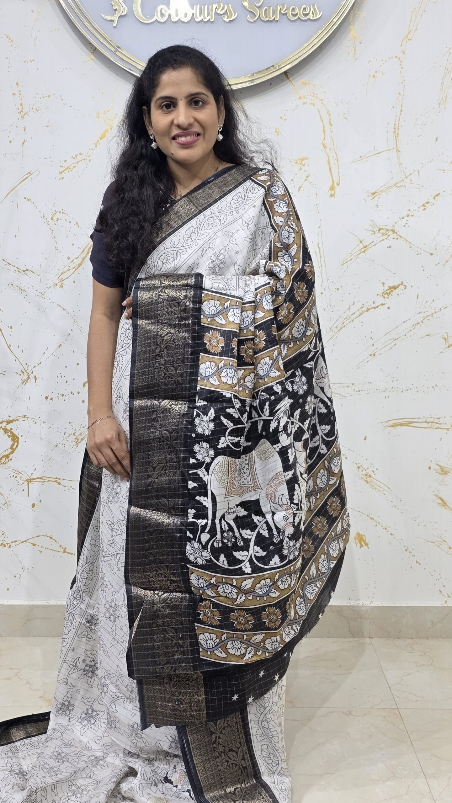 Classic White Soft Silk Saree with Black Zari Border & Intricate Traditional Print