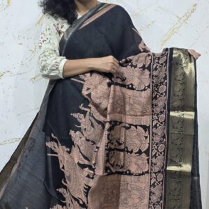 Black Soft Silk Saree with Copper Kalamkari Design & Gold Zari Border