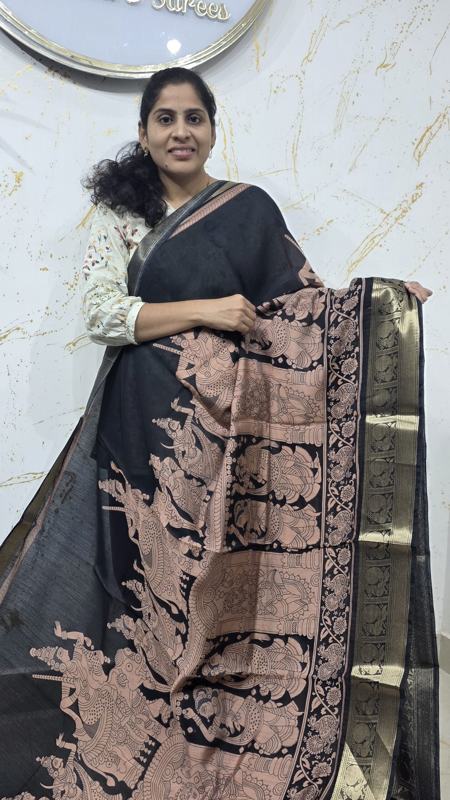 Black Soft Silk Saree with Copper Kalamkari Design & Gold Zari Border