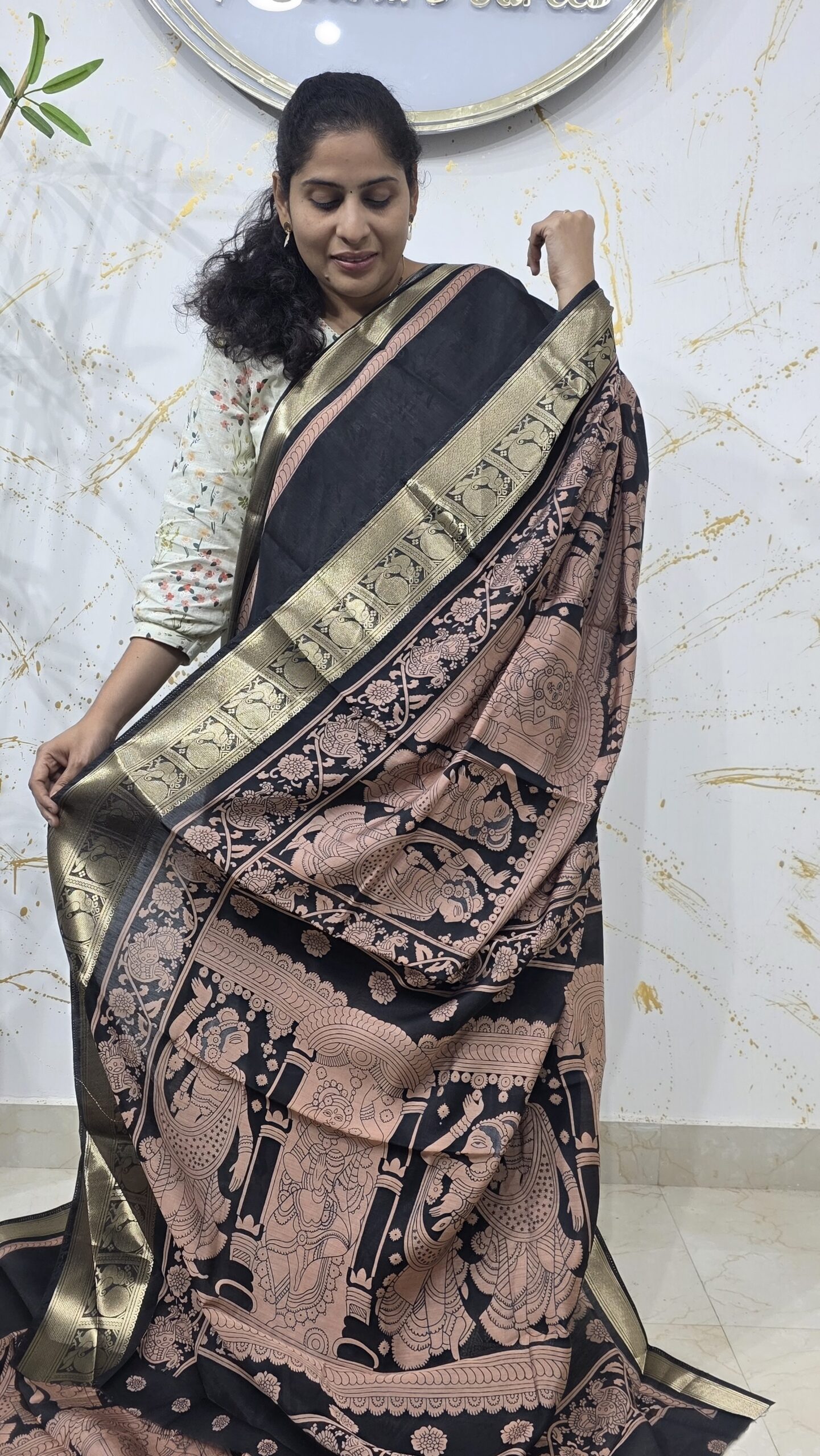 Black Soft Silk Saree with Copper Kalamkari Design & Gold Zari Border - Image 2