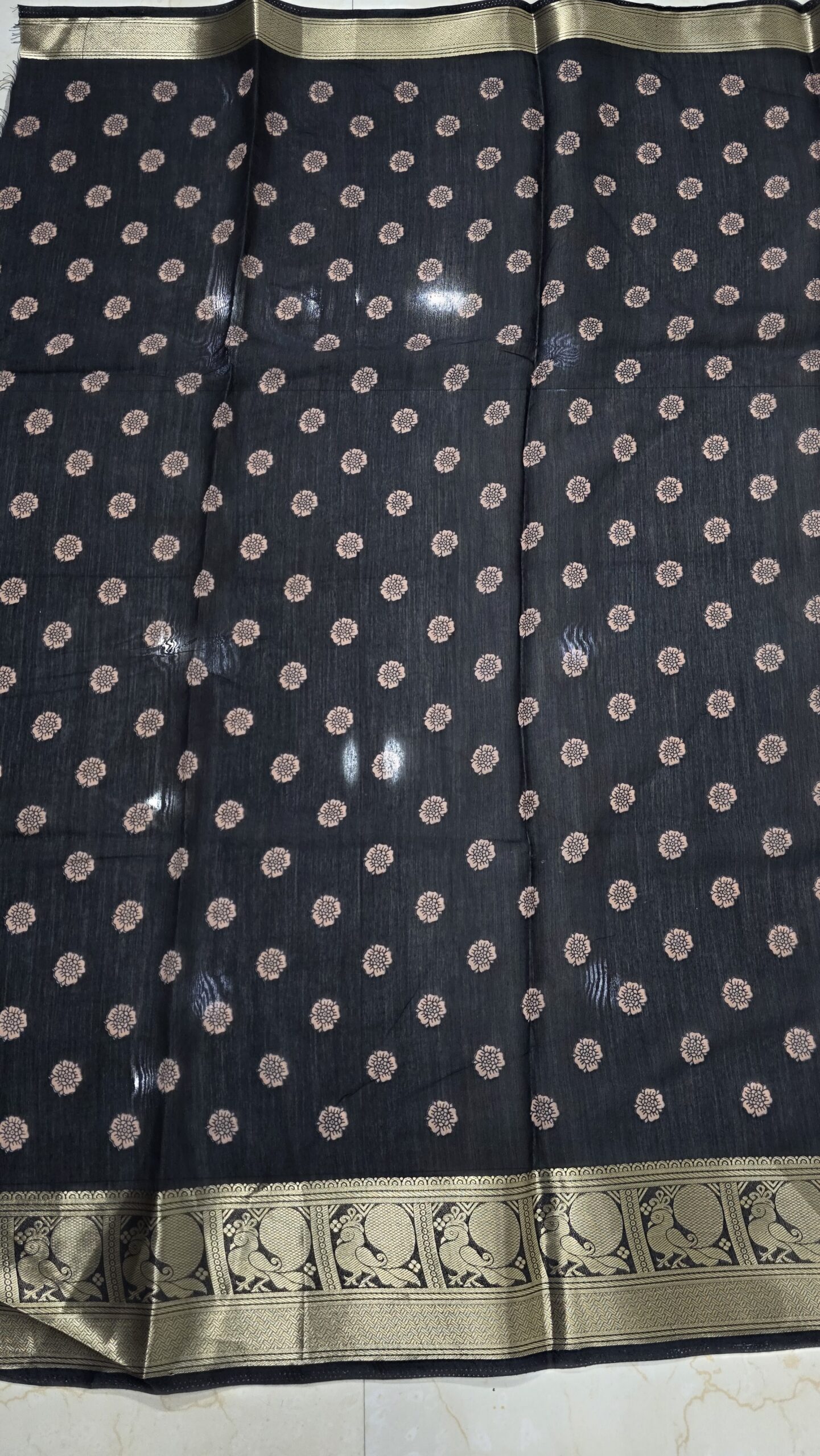 Black Soft Silk Saree with Copper Kalamkari Design & Gold Zari Border - Image 3