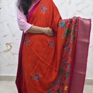 Elegant Red Soft Silk Saree with Multicolor Floral Print & Pink Zari Border