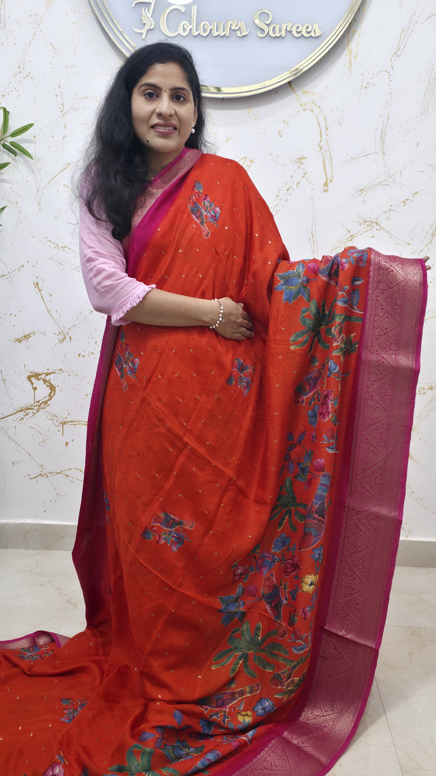Elegant Red Soft Silk Saree with Multicolor Floral Print & Pink Zari Border