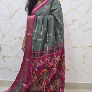 Elegant Grey Soft Silk Saree with Pink Zari Border & Subtle Floral Motifs