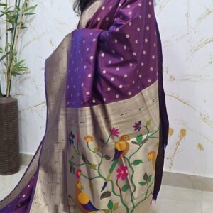 Royal Purple Soft Silk Saree with Gold Zari Floral Buttas & Elegant Beige Pallu