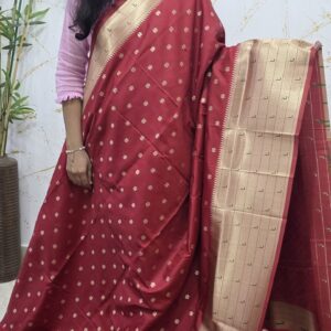 Classic Red Soft Silk Saree with Gold Zari Floral Buttas & Beige Pallu