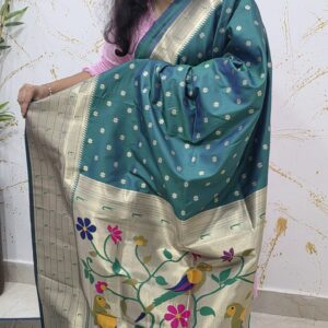 Teal–Green Soft Silk Saree with Gold Zari Floral Buttas & Elegant Beige Pallu