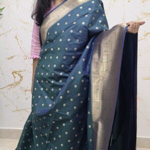 Teal Blue Soft Silk Saree with Gold Zari Floral Buttas & Beige Woven Pallu