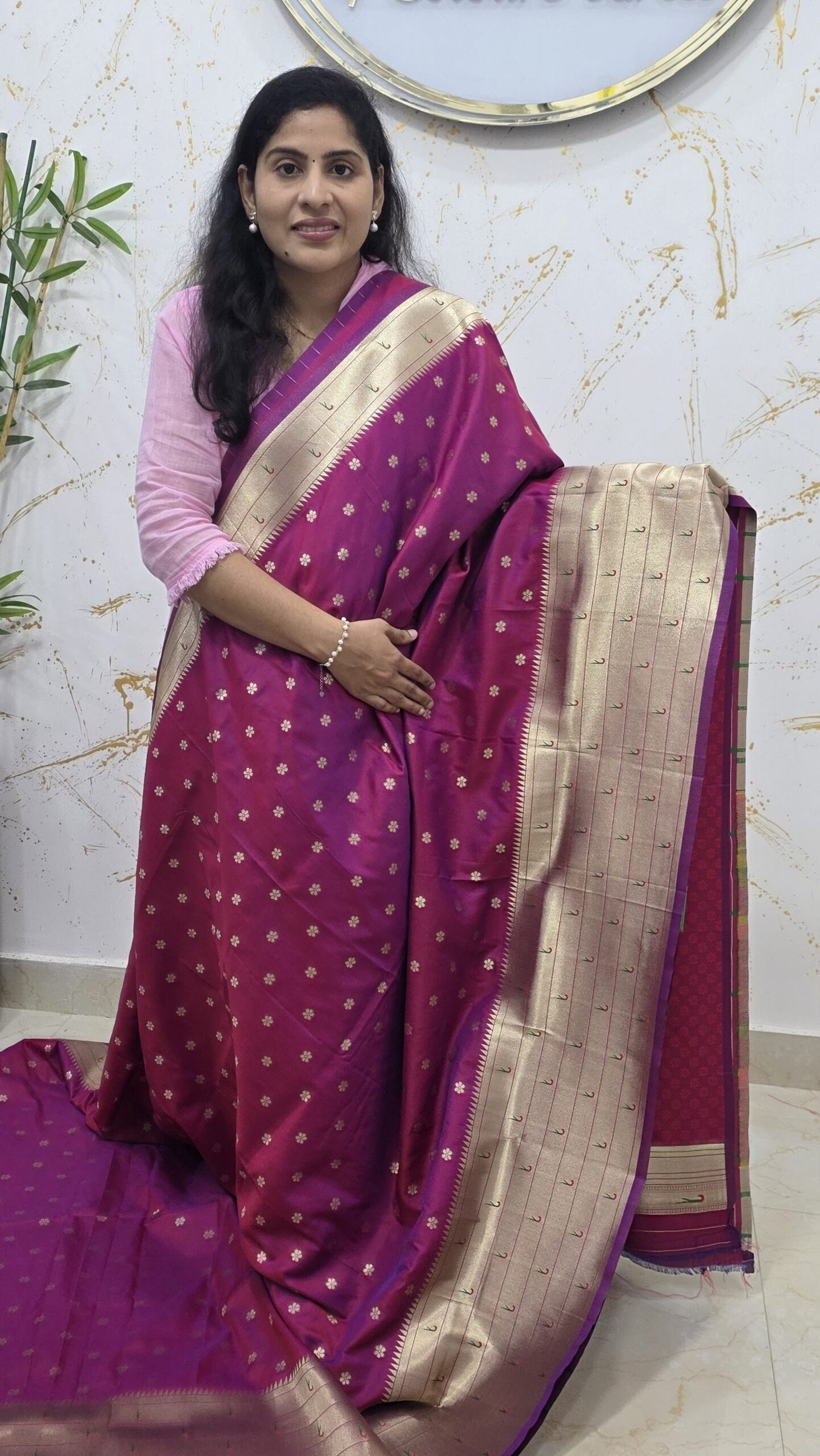 Pink Soft Silk Saree with Gold Zari Buttas & Meenakari Bird Motif Pallu
