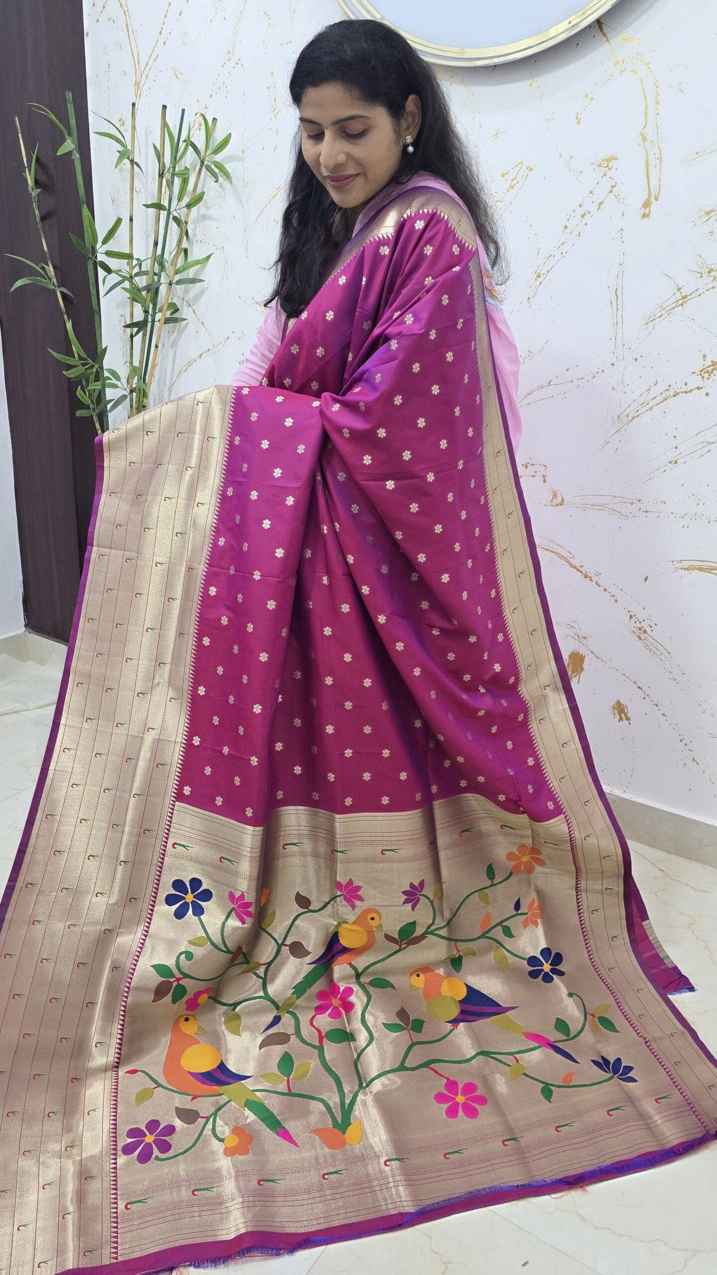 Pink Soft Silk Saree with Gold Zari Buttas & Meenakari Bird Motif Pallu - Image 2