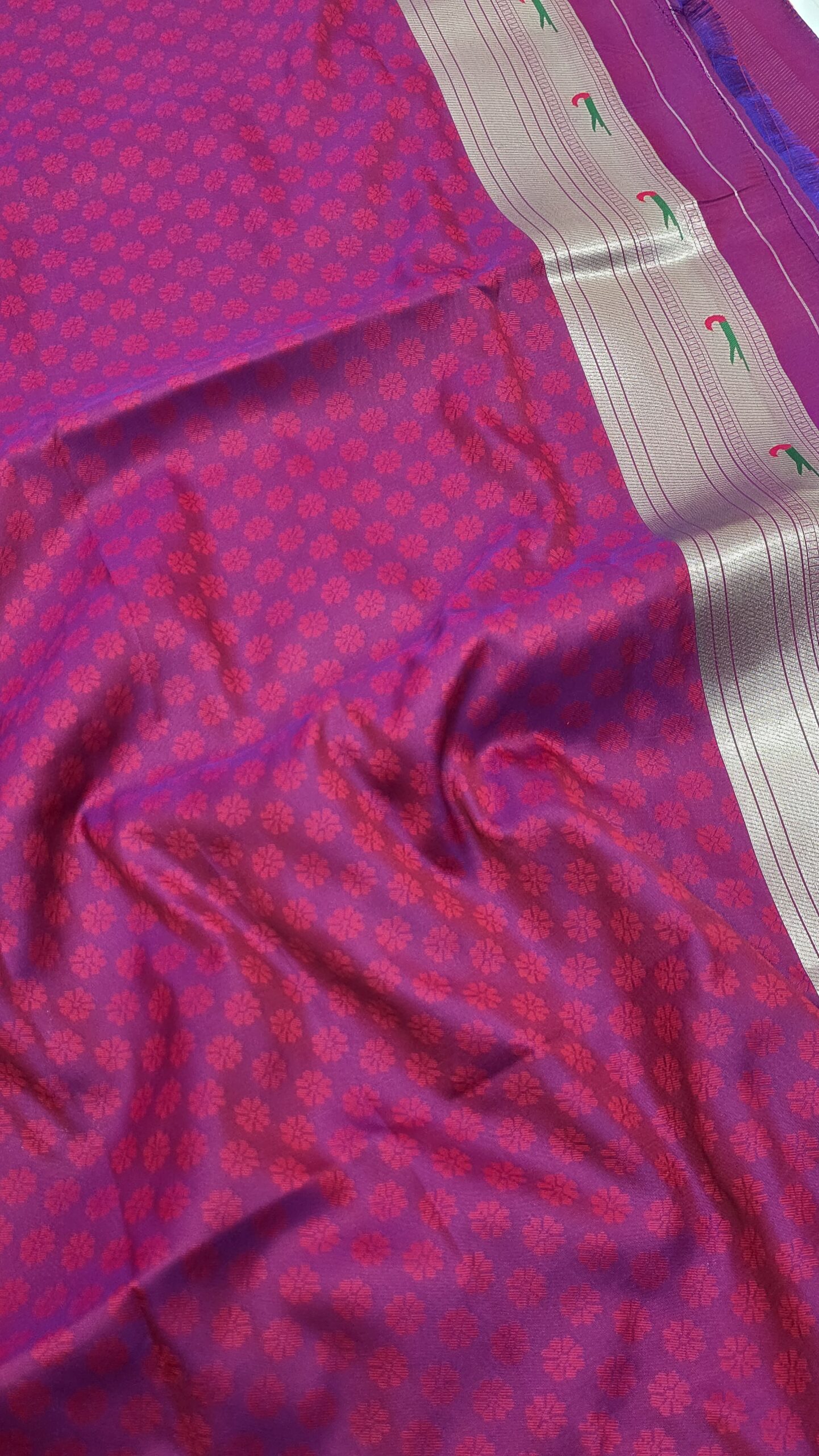 Pink Soft Silk Saree with Gold Zari Buttas & Meenakari Bird Motif Pallu - Image 3