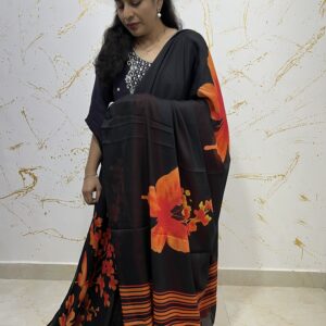 Elegant Black Floral Printed Georgette Saree with Vibrant Orange Blossom Design