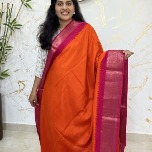 Vibrant Orange Pure Kanchi Soft Silk Saree with Dual-Tone Pink Ikat Bandhani Pallu & Rich Zari Border