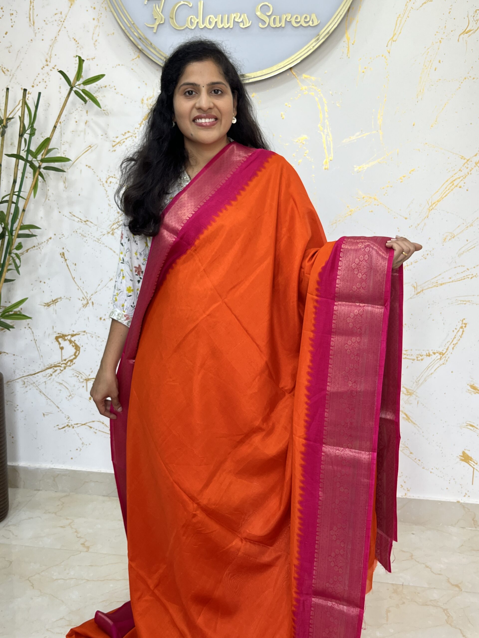 Vibrant Orange Pure Kanchi Soft Silk Saree with Dual-Tone Pink Ikat Bandhani Pallu & Rich Zari Border
