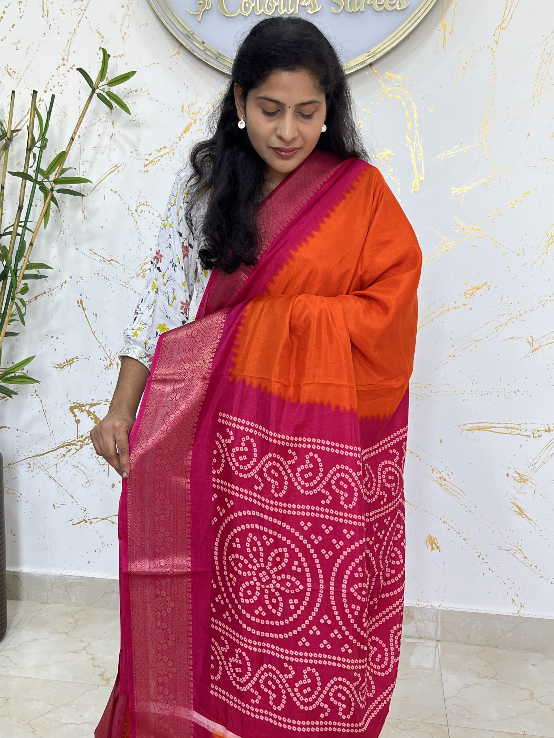 Vibrant Orange Pure Kanchi Soft Silk Saree with Dual-Tone Pink Ikat Bandhani Pallu & Rich Zari Border - Image 2