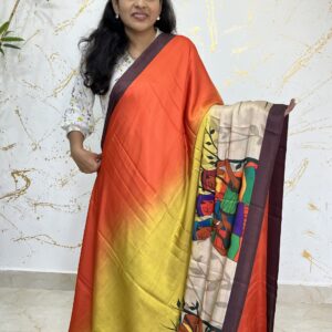 Premium Satin Crepe Ombre Saree in Orange–Yellow with Artistic Abstract Pallu
