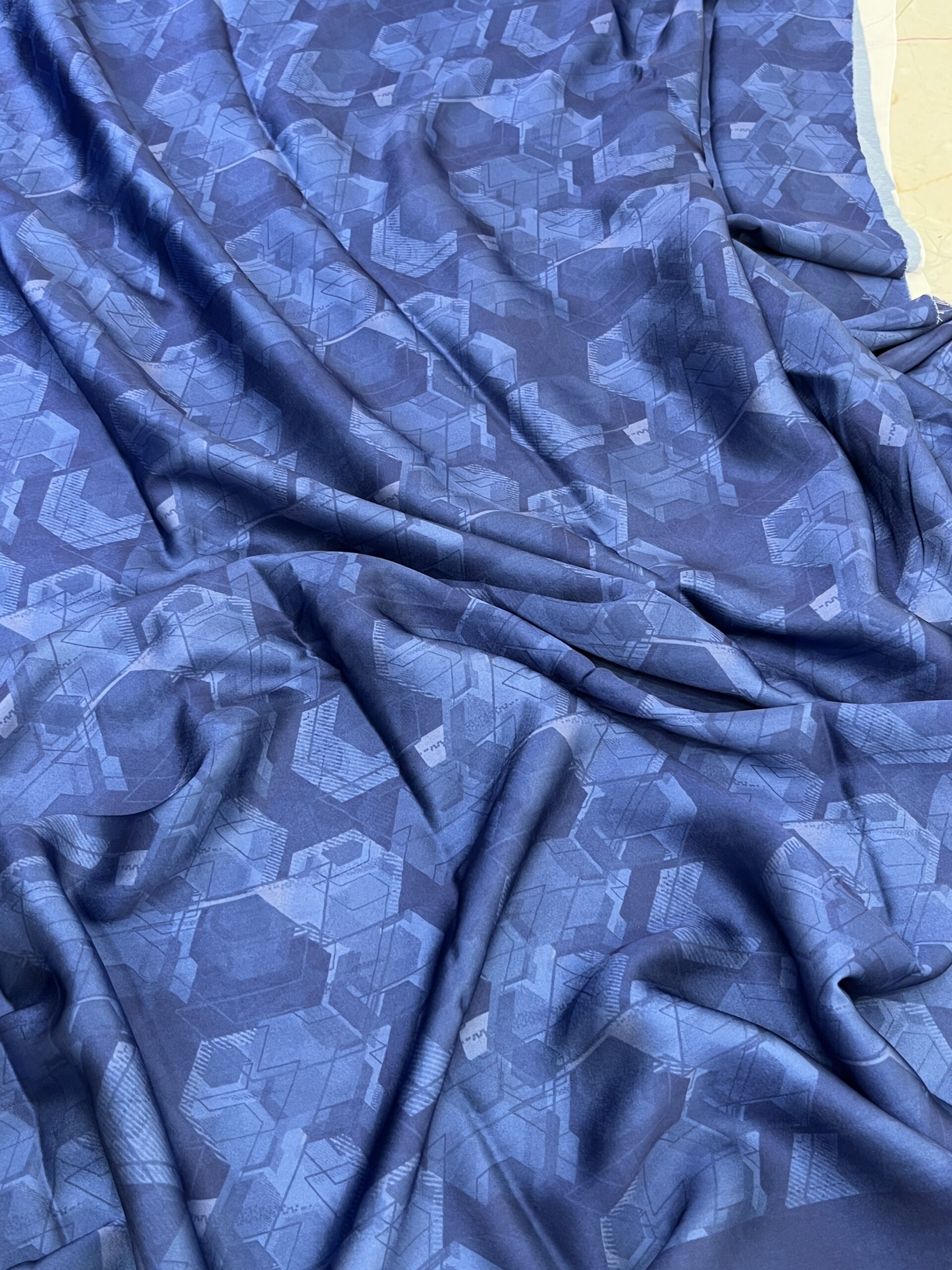 Majestic Yellow–Navy Blue Satin Soft Saree with Elegant Crane & Cloud Digital Print - Image 4