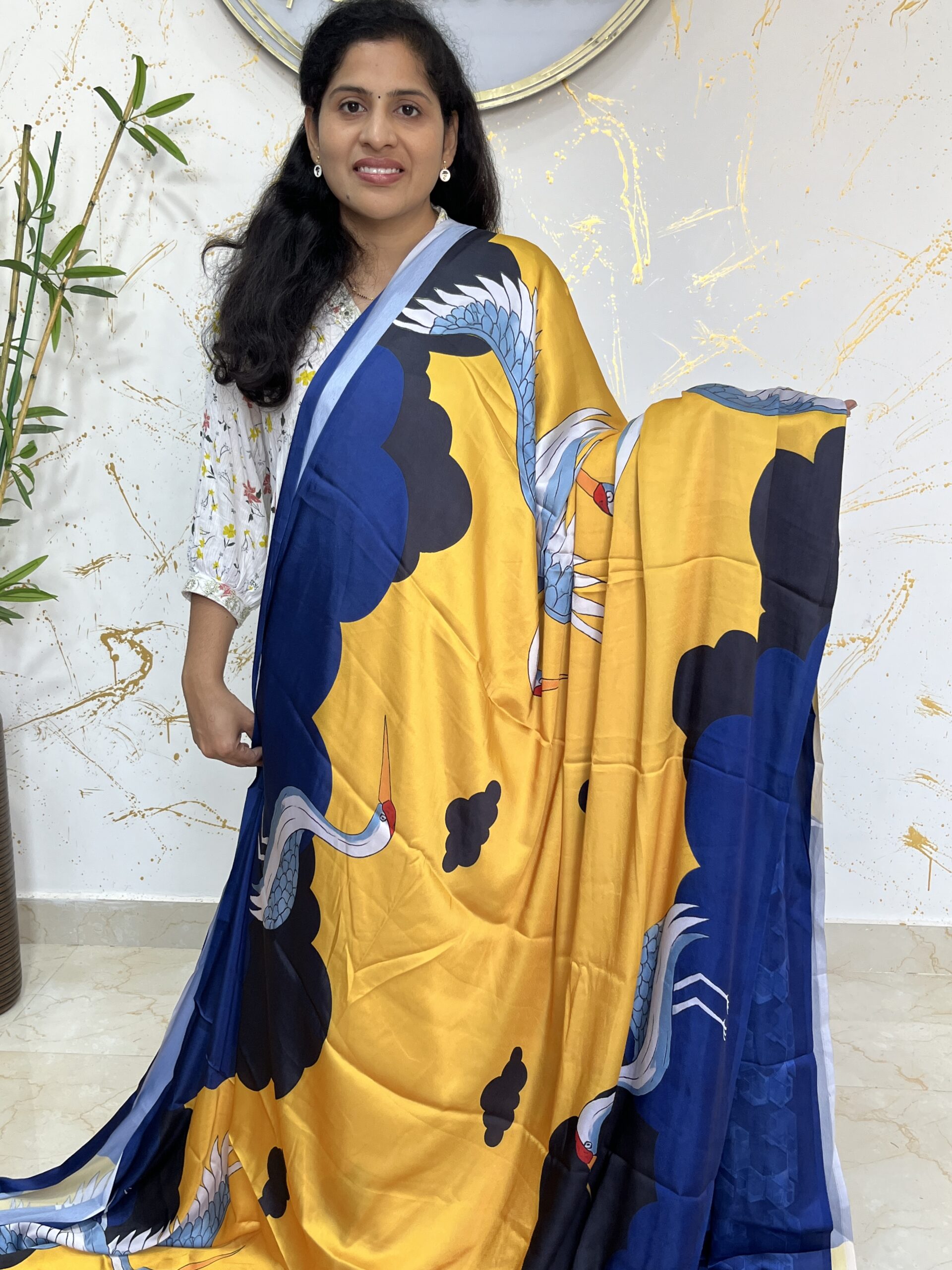Majestic Yellow–Navy Blue Satin Soft Saree with Elegant Crane & Cloud Digital Print - Image 3