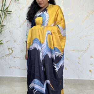 Majestic Yellow–Navy Blue Satin Soft Saree with Elegant Crane & Cloud Digital Print