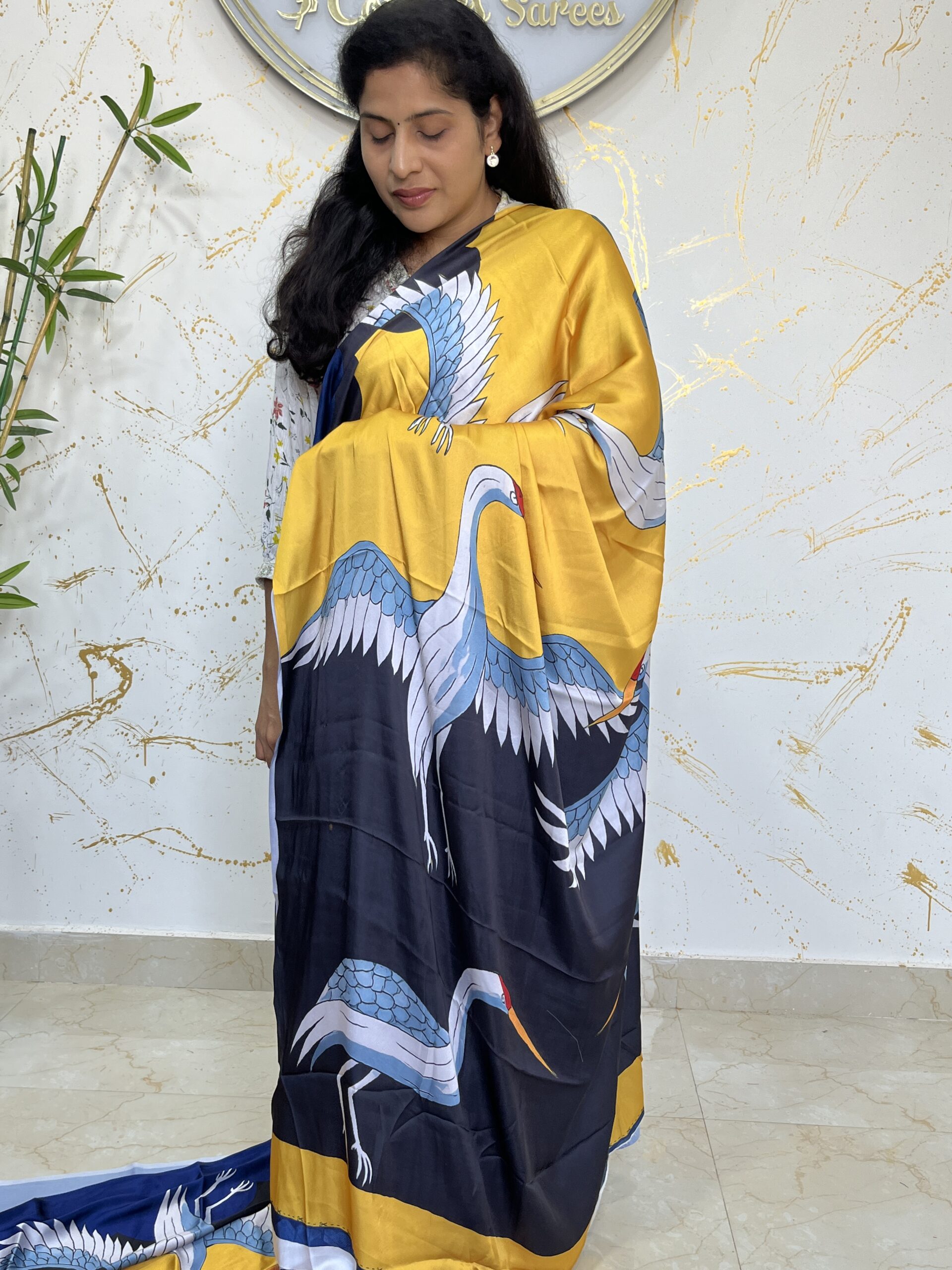 Majestic Yellow–Navy Blue Satin Soft Saree with Elegant Crane & Cloud Digital Print