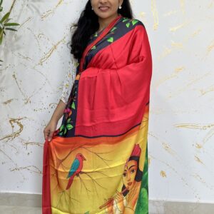 Red Designer Satin Crepe Digital Print Saree with Bird Border & Krishna Artwork Pallu