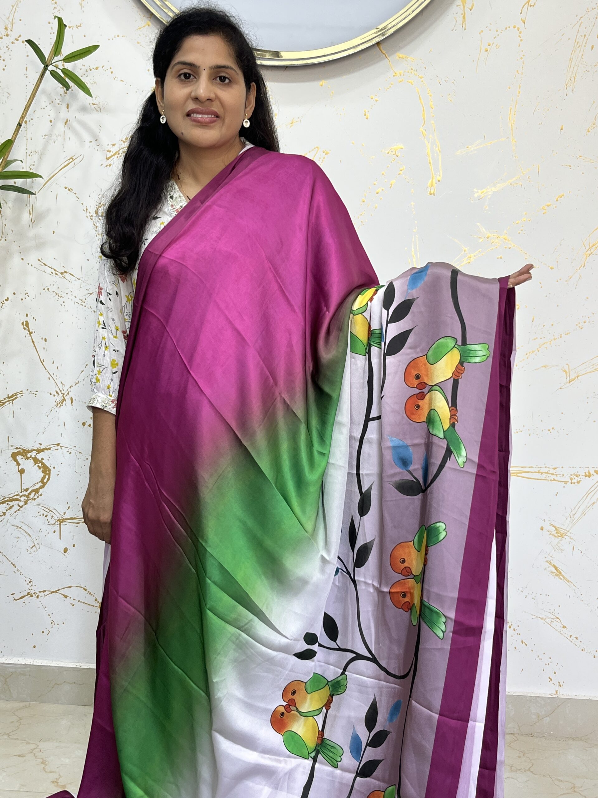 Pink–Green Ombre Satin Crepe Saree with Love Birds Digital Print Pallu - Image 2