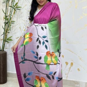 Pink–Green Ombre Satin Crepe Saree with Love Birds Digital Print Pallu