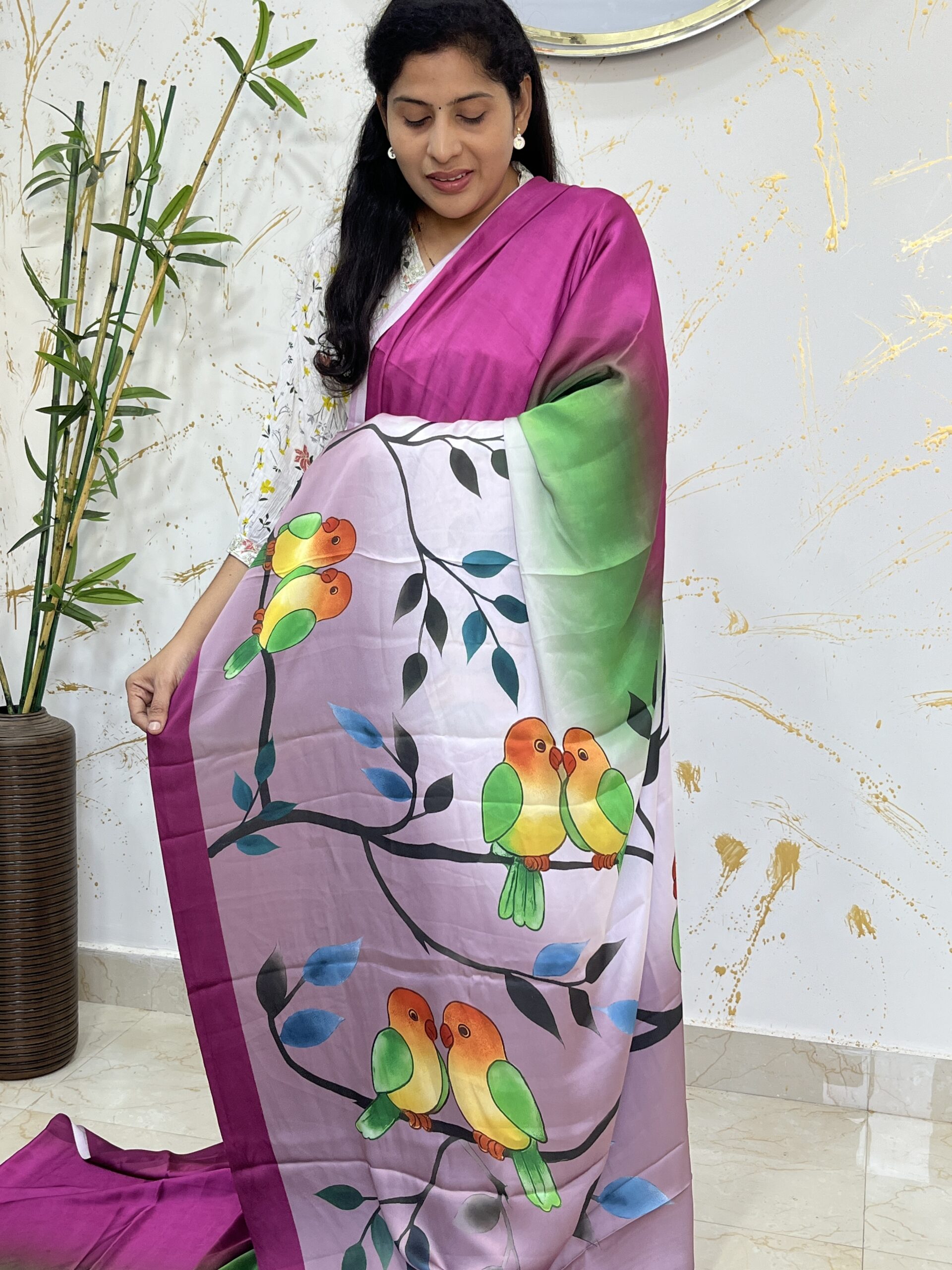 Pink–Green Ombre Satin Crepe Saree with Love Birds Digital Print Pallu