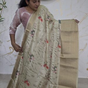 Ivory Beige Floral Printed Silk Saree with Elegant Gold Border