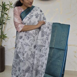 Elegant white Handcrafted Printed banarasi silk Saree with Rich Contrast Border