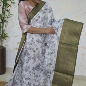 Elegant white Handcrafted Printed banarasi silk Saree with Rich Contrast Border