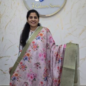 Soft Pastel Floral Printed Dola Crush silk with Olive Zari Border