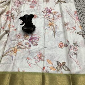 Pastel Floral Printed Saree with Olive Green  Kanchi Border