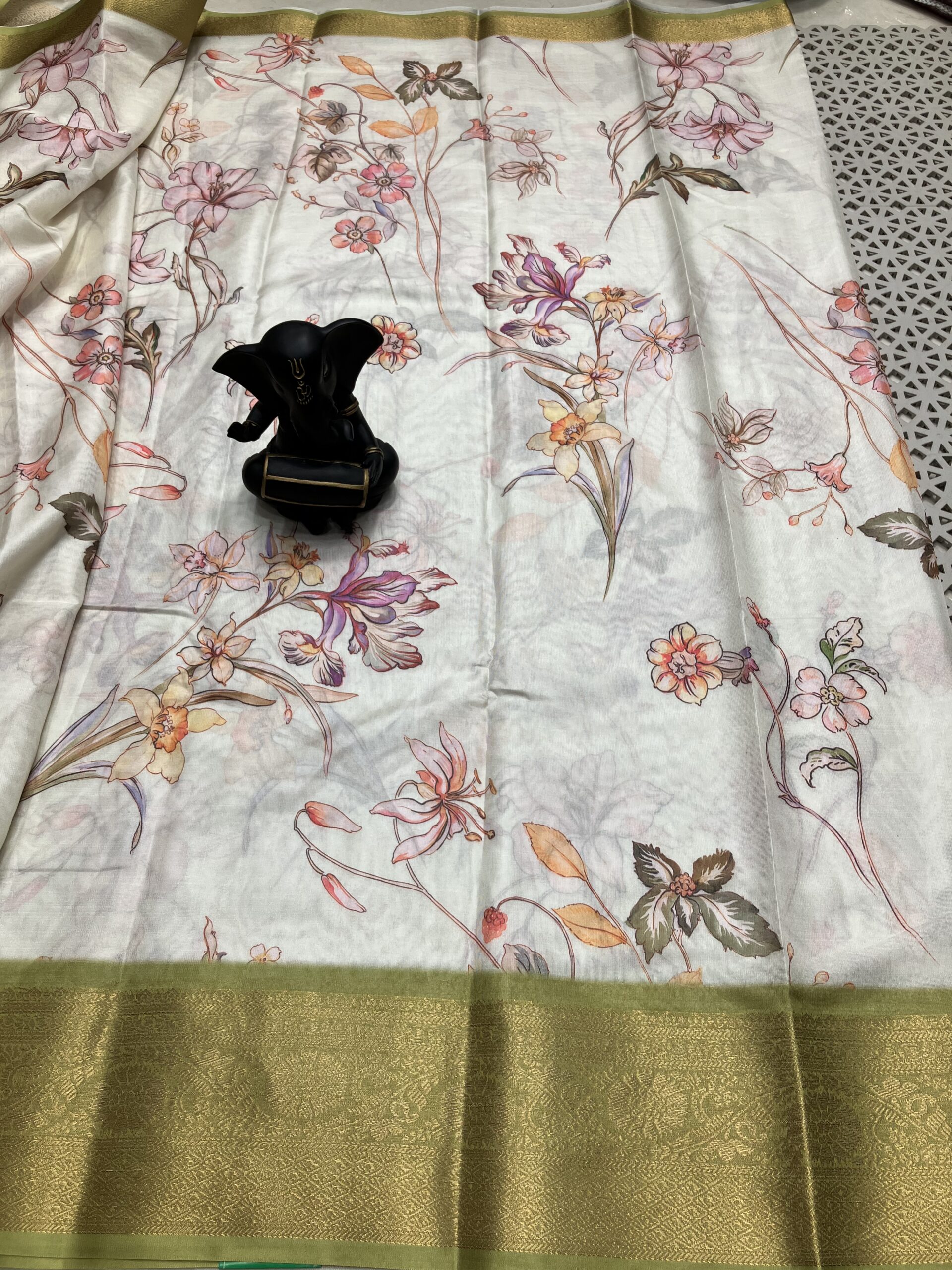 Pastel Floral Printed Saree with Olive Green Kanchi Border