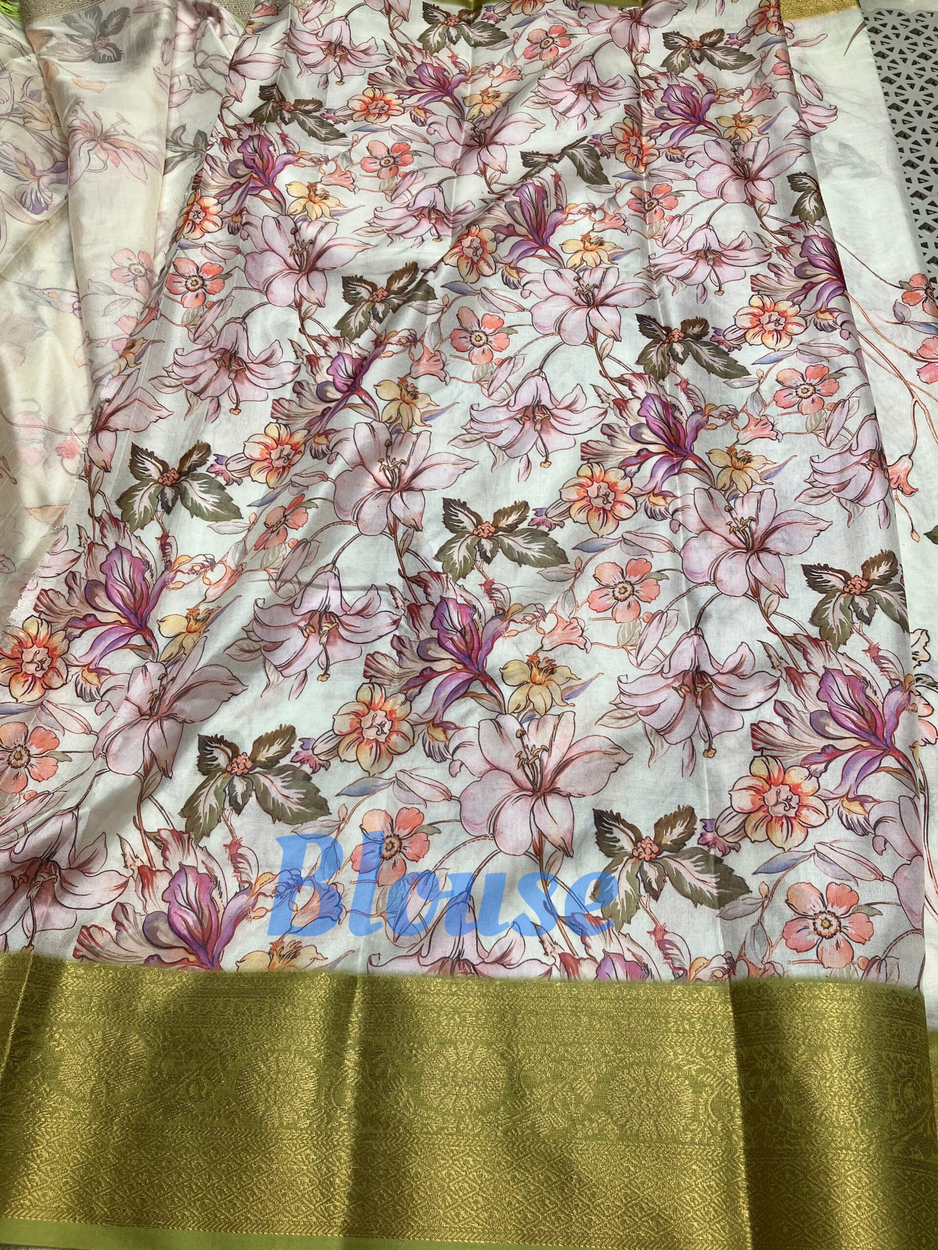Pastel Floral Printed Saree with Olive Green Kanchi Border - Image 3