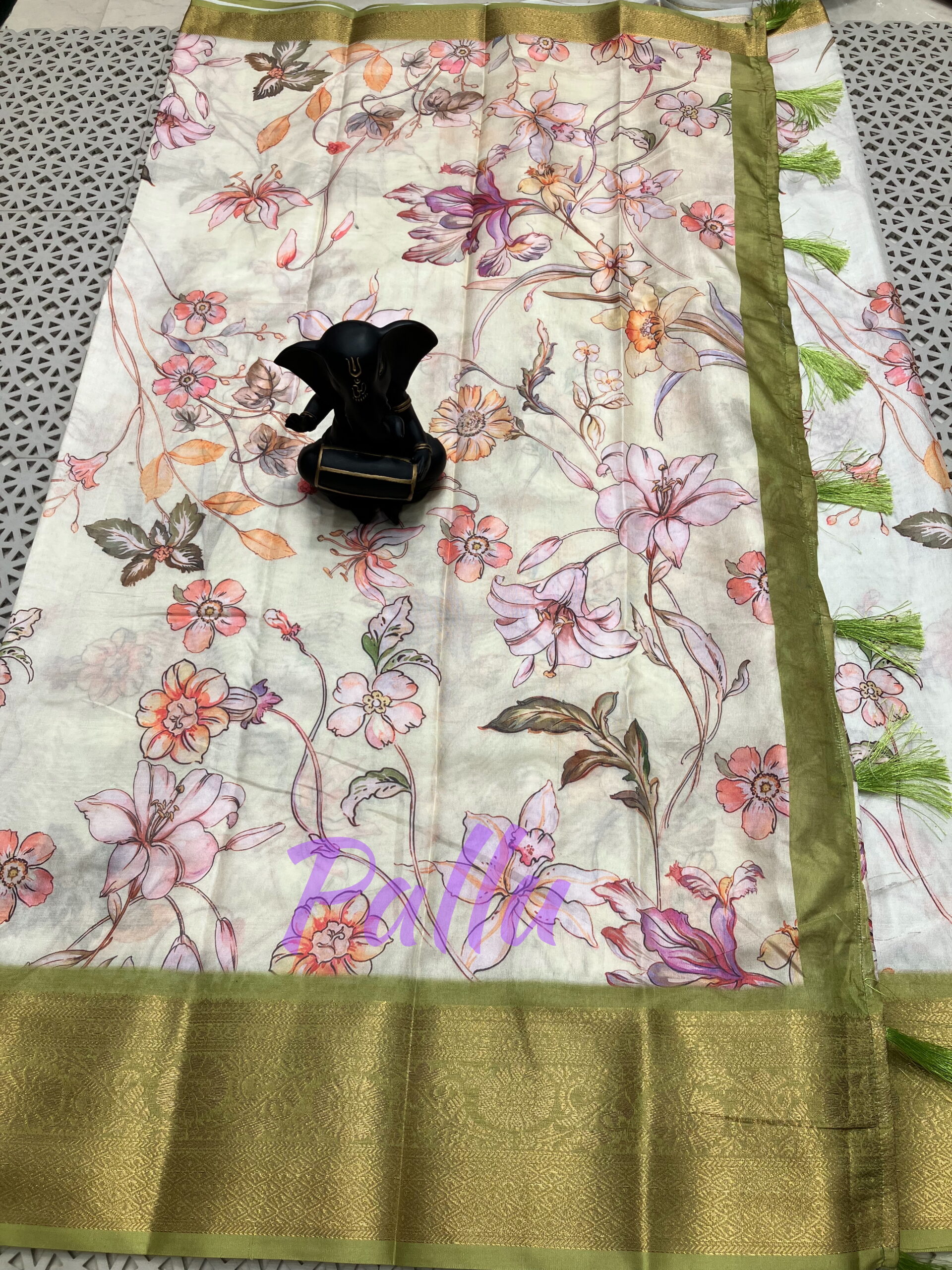 Pastel Floral Printed Saree with Olive Green Kanchi Border - Image 2