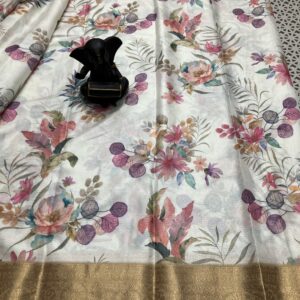 Pastel Floral Printed Saree with Ivory Base with Gold Kanchi Border