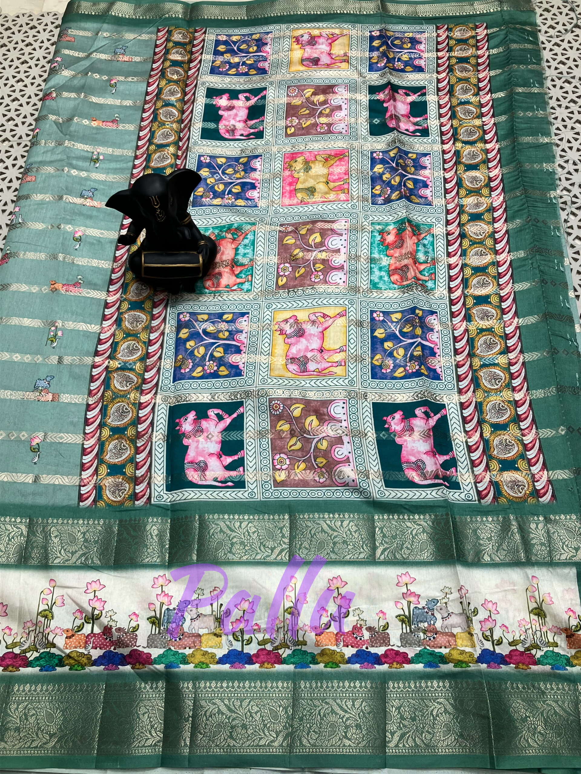 Kanchi Border Organza Saree With Pichwai Design - Image 2