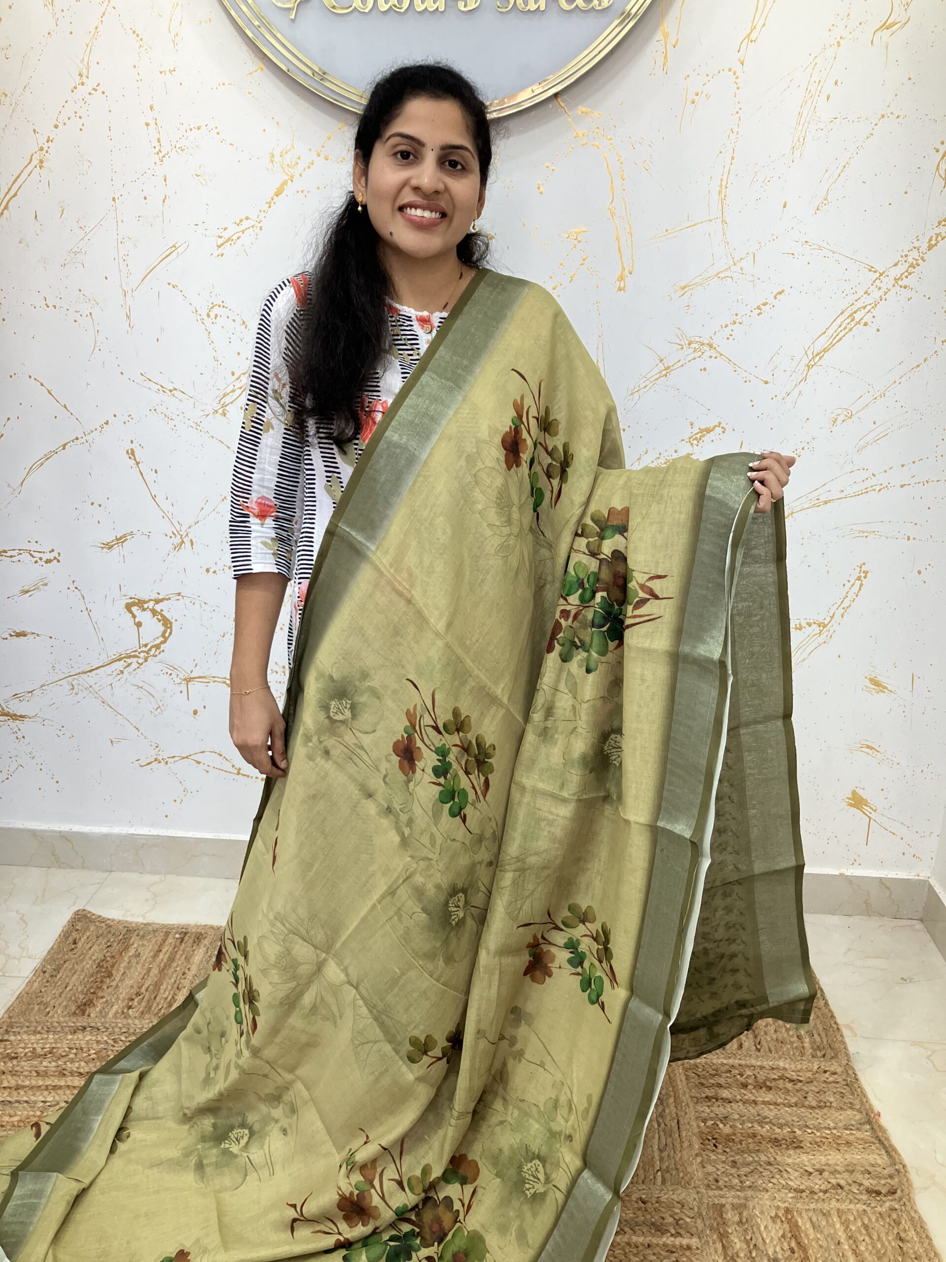 Soft Olive Green Saree with Floral Prints