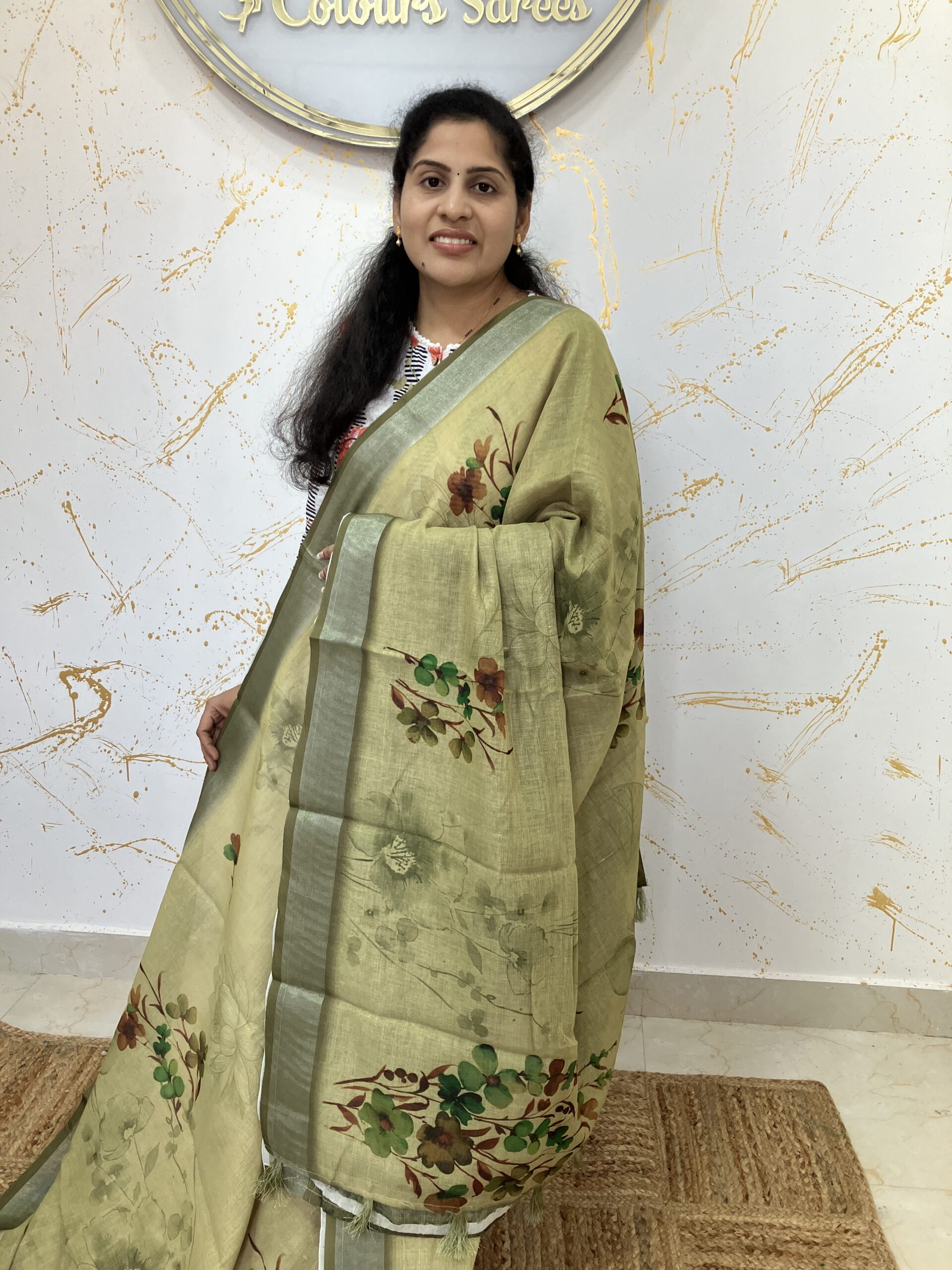 Soft Olive Green Saree with Floral Prints - Image 2