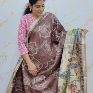 Tussar silk brown kalamkari print saree with sequeance work