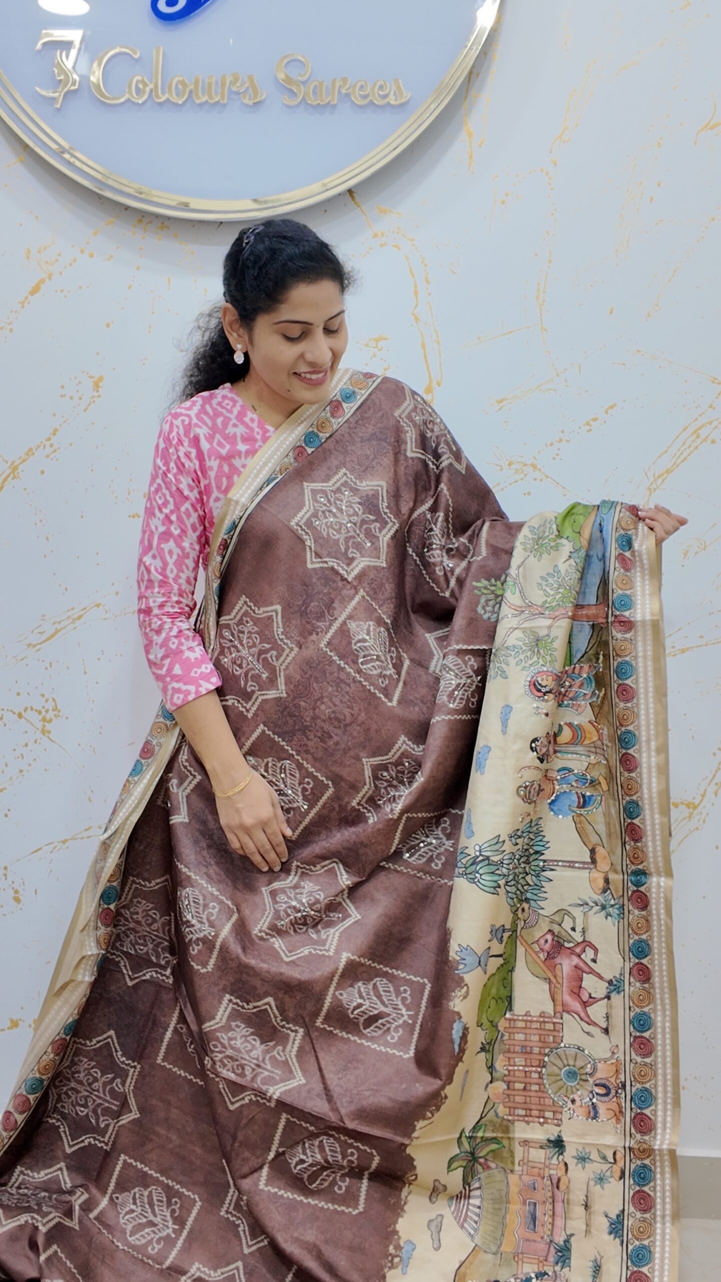 Tussar silk brown kalamkari print saree with sequeance work