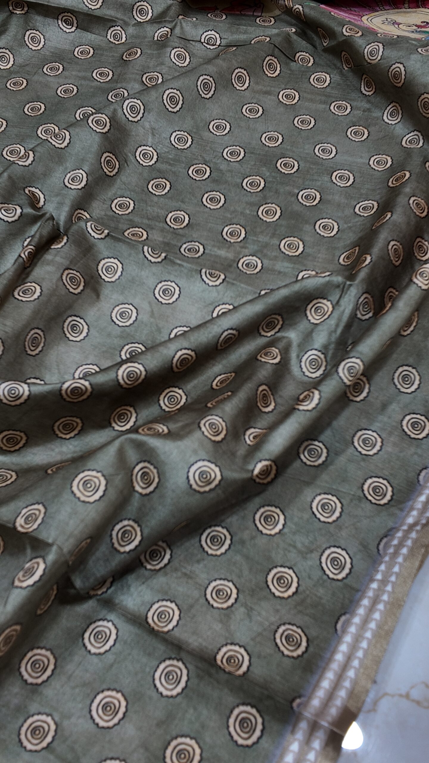 Tussar silk beige Pattachitra-style print saree with sequeance work - Image 3