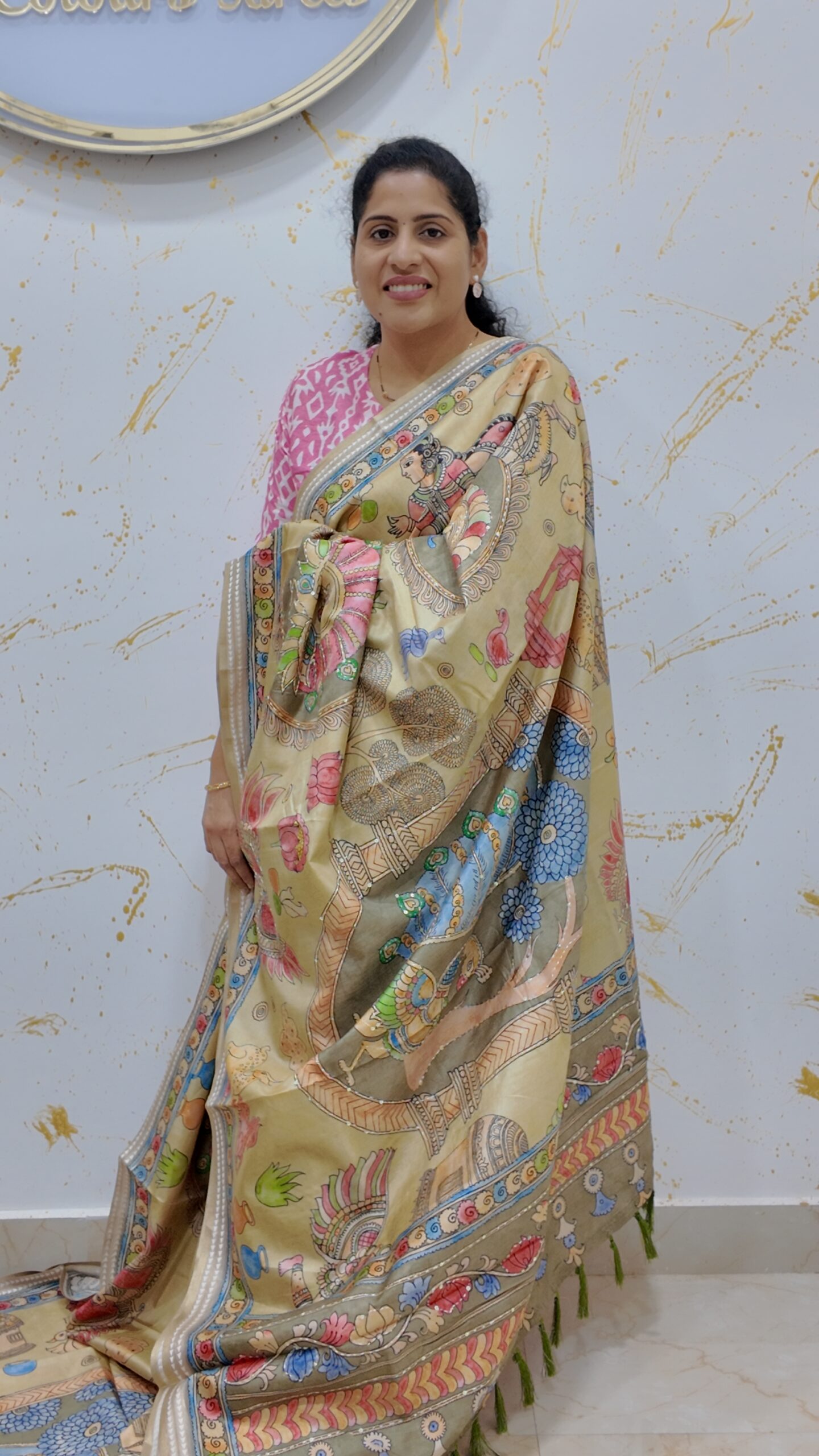 Tussar silk beige Pattachitra-style print saree with sequeance work - Image 2