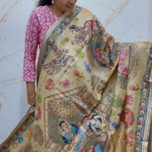 Tussar silk beige Pattachitra-style print saree with sequeance work