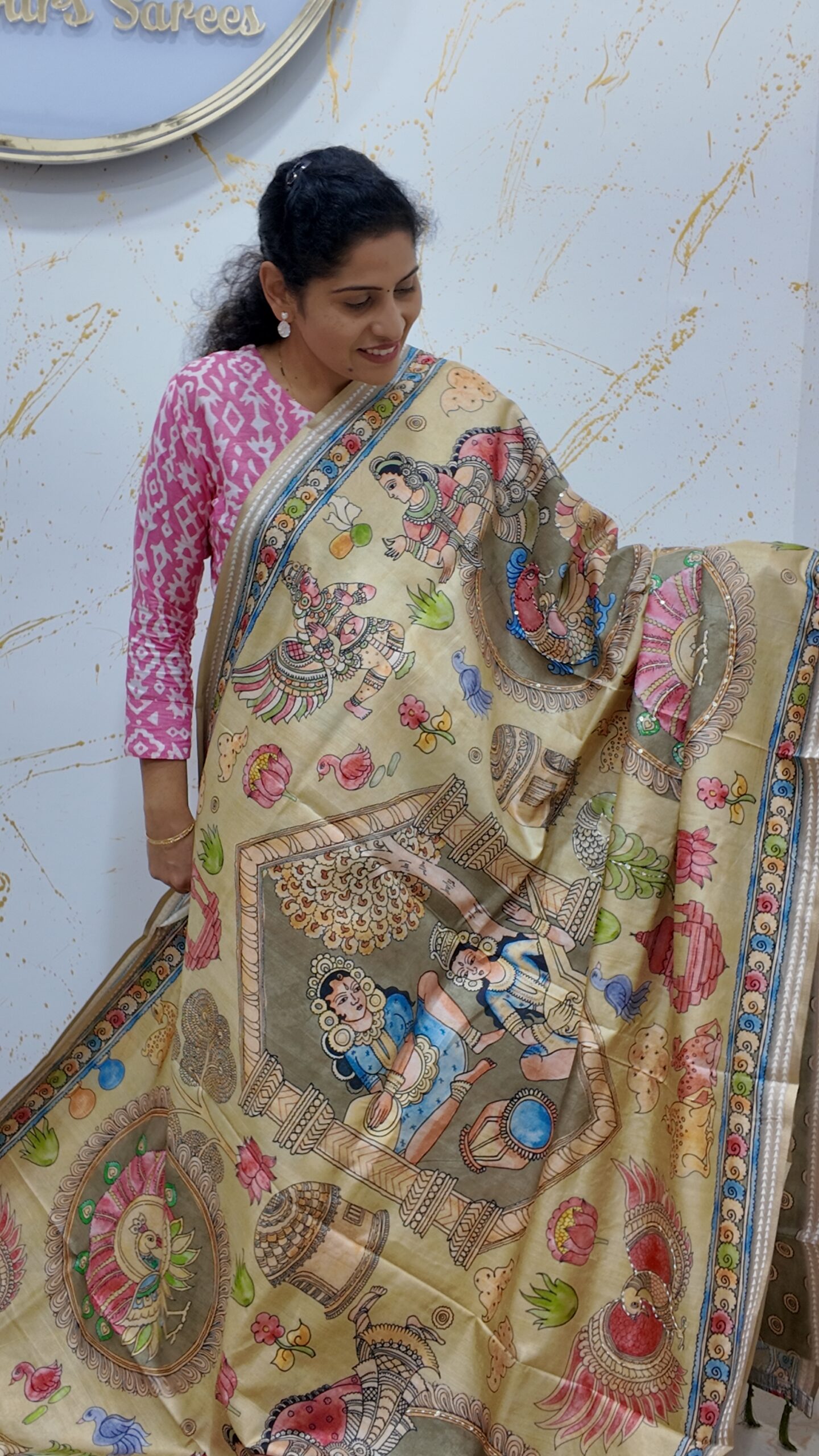 Tussar silk beige Pattachitra-style print saree with sequeance work