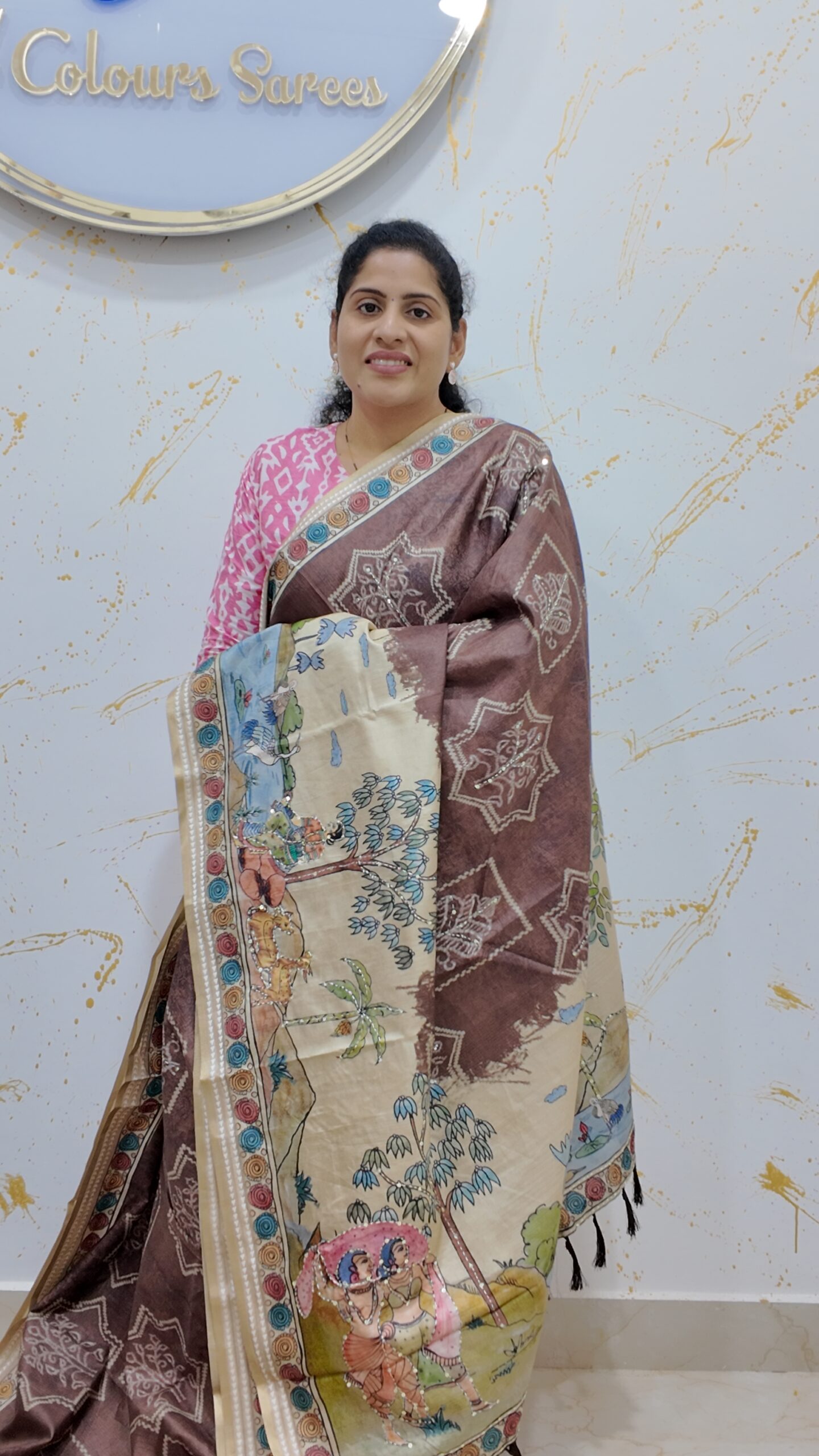 Tussar silk brown kalamkari print saree with sequeance work - Image 2