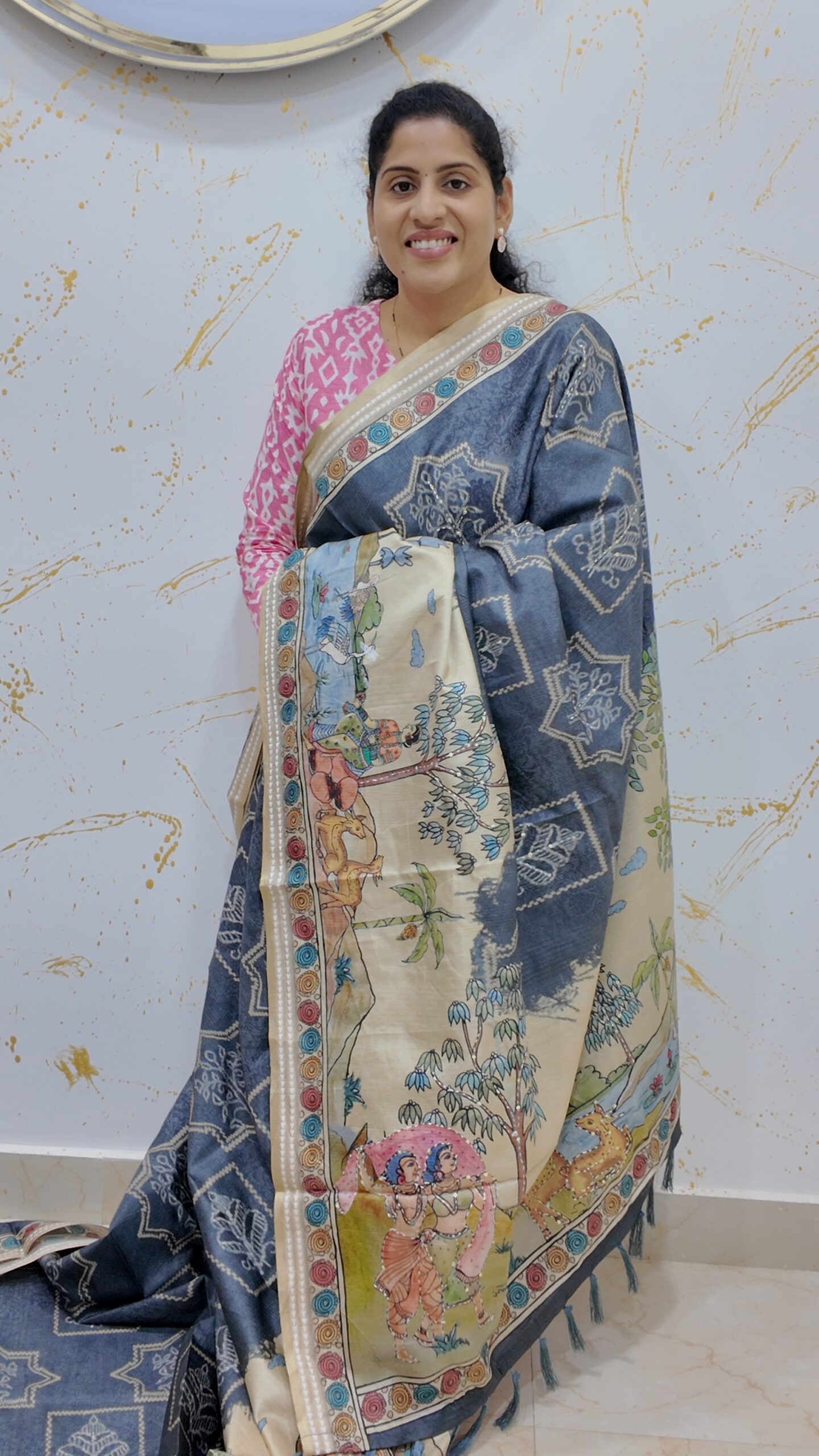 Tussar silk grey kalamkari print saree with sequeance work - Image 2